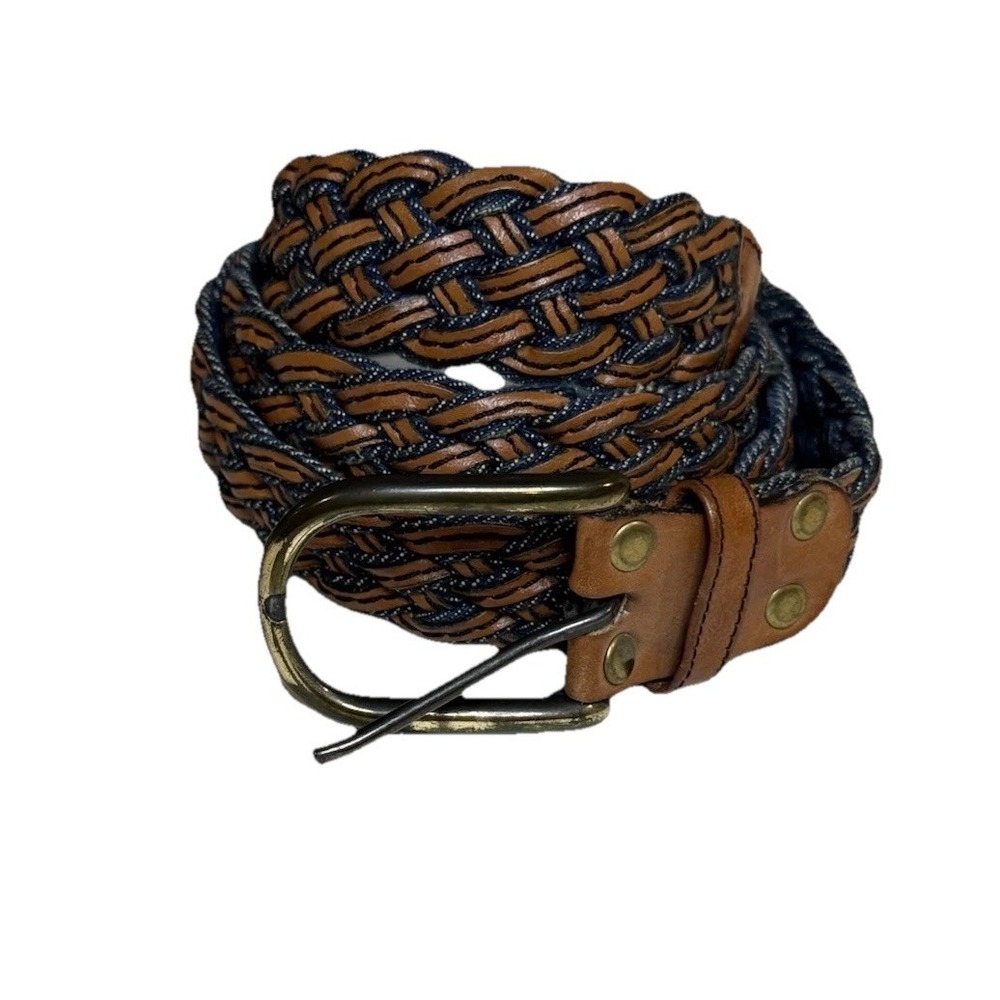 Vintage‎ Mens Denim Blue and Brown Braided Leather Belt  Woven 34" Retro